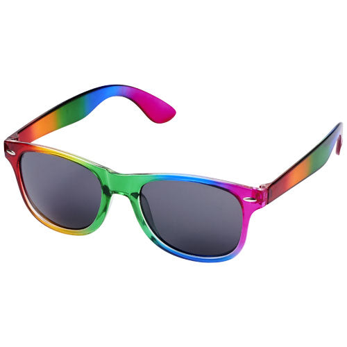 Regenbogen-Sonnenbrille aus Kunststoff, individuell gestaltbar mit Logo, ideal als Werbeartikel von Signalshop.de.
