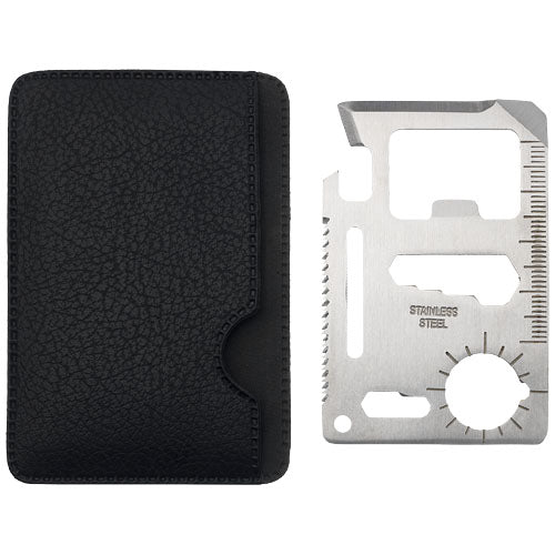 Saki Werkzeugkarte aus Edelstahl mit 15 Funktionen und Hülle, individuell bedruckbar, Signalshop.de Werbeartikel.