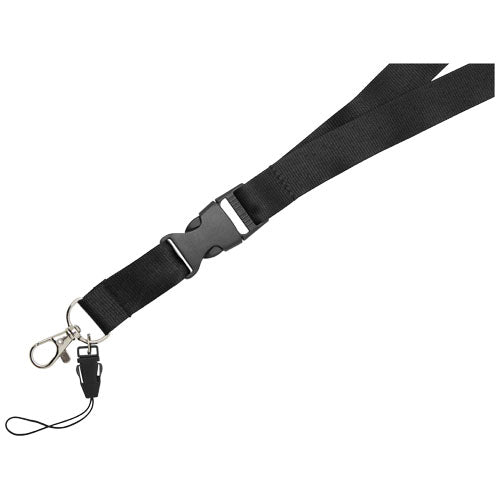 Schwarzes Sagan Lanyard mit abnehmbarer Schnalle und Handyband, individuell gestaltbar, Signalshop.de Werbeartikel.