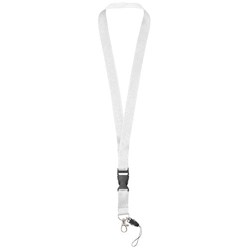 Weißes Sagan Lanyard mit abnehmbarer Schnalle und Handyband, individuell bedruckbar, Signalshop.de Werbeartikel, Werbegeschenke, Werbemittel, Giveaway.