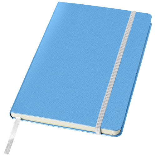 Classic A5 Notizbuch mit blauem Hardcover und Elastikband, individuell gestaltbar mit Logo von Signalshop.de. Werbeartikel, Werbegeschenke, Werbemittel, Giveaway.