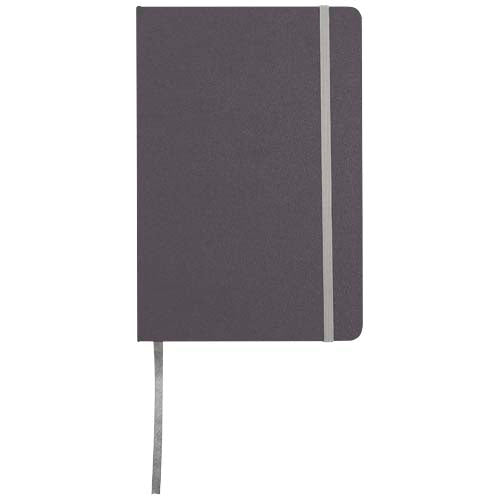 A5 Notizbuch mit grauem Hardcover, elastischem Verschlussband, individuell gestaltbar bei Signalshop.de, ideal als Werbeartikel.