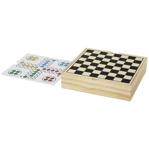 Monte-carlo Brettspielset aus Holz mit Schachbrett und Spielfiguren, individuell gestaltbar, Signalshop.de Werbeartikel.