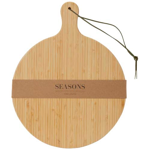 Rundes Delys Schneidebrett aus Bambus mit Griff, individuell gestaltbar, von Signalshop.de. Nachhaltiger Werbeartikel.