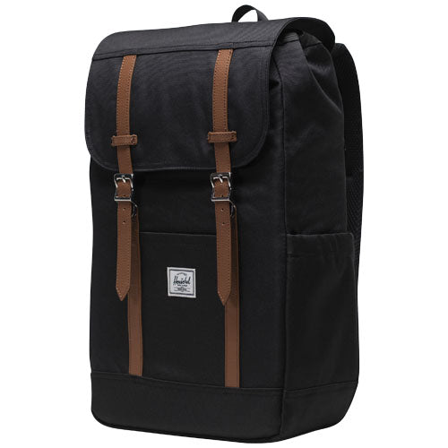 Herschel Retreat recycelter Laptop-Rucksack 23 L in Schwarz mit braunen Riemen, individuell bedruckbar, Signalshop.de Werbeartikel.