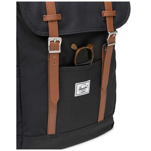 Herschel Retreat™ recycelter Laptop-Rucksack 23 L in Schwarz mit braunen Details, individuell bedruckbar, bei Signalshop.de als Werbeartikel erhältlich.
