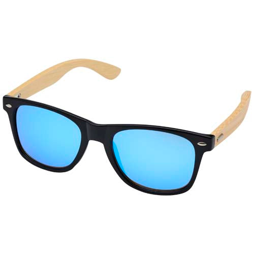 Hue Sonnenbrille mit Bambusbügeln, schwarz mit blauen Gläsern, individuell bedruckbar bei Signalshop.de, Werbeartikel, Werbegeschenke, Werbemittel, Giveaway.