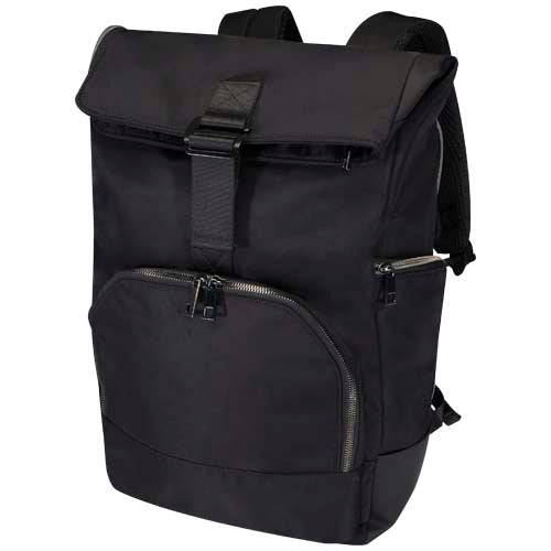 Schwarzer Rhine 15" Rolltop-Rucksack aus recyceltem Material, individuell bedruckbar, bei Signalshop.de. Werbeartikel, Werbegeschenke, Werbemittel, Giveaway.
