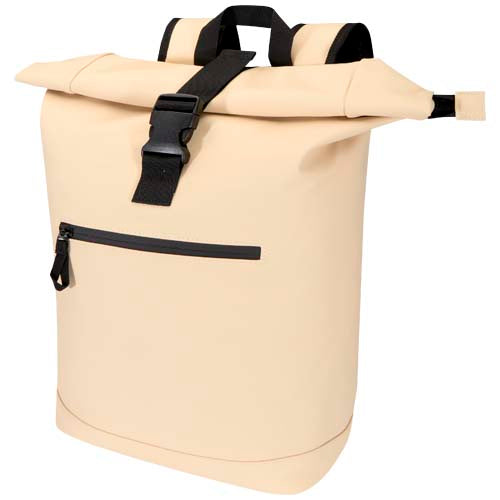 Beiger Rolltop Rucksack aus GRS-recyceltem Material, individuell bedruckbar, Signalshop.de Werbeartikel.