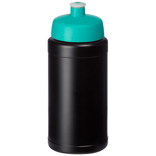 Schwarze recycelte Sportflasche, 500 ml, mit türkisem Deckel, individuell bedruckbar, Signalshop.de Werbeartikel.