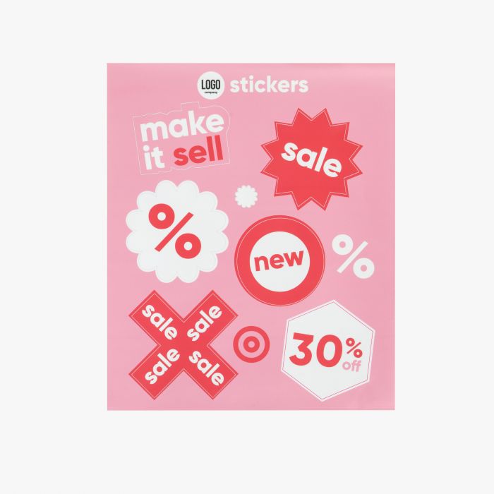 Aufkleberbogen mit Rabattmotiven in Rot auf Rosa, individuell bedruckbar mit Logo bei Signalshop.de; Werbeartikel, Werbegeschenke, Werbemittel, Giveaway.