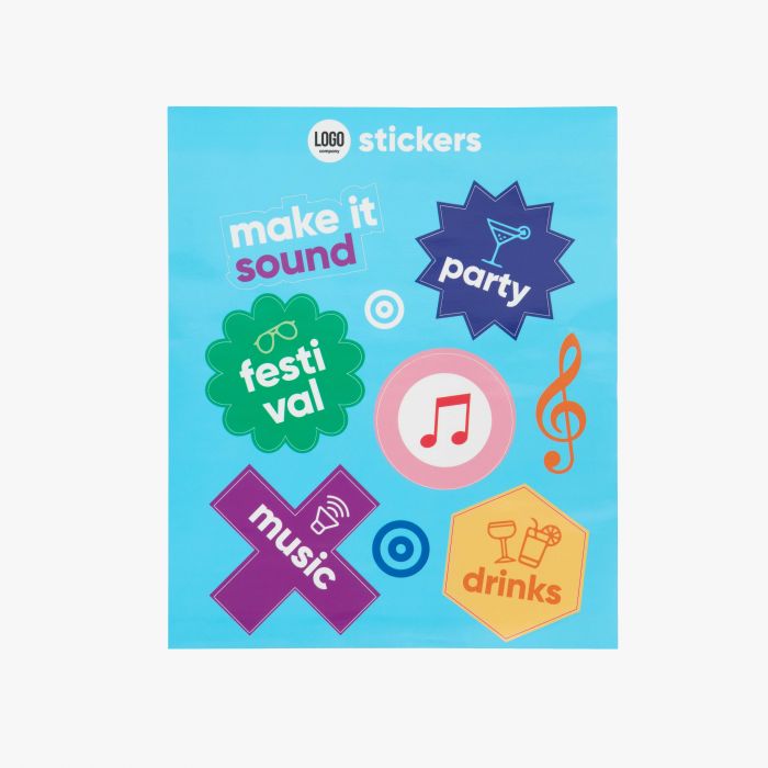 Aufkleberbogen mit bunten Party-Motiven, individuell gestaltbar mit Logo, von Signalshop.de; Werbeartikel, Werbegeschenke.