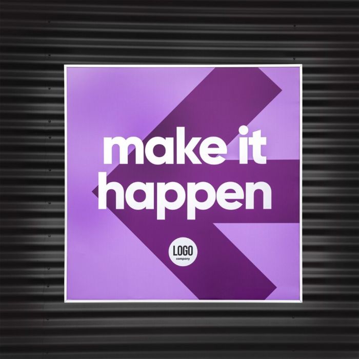 Outdoor LED-Leuchtrahmen in Lila mit Pfeil und Text, individuell mit Logo bedruckbar, Signalshop.de Werbeartikel.