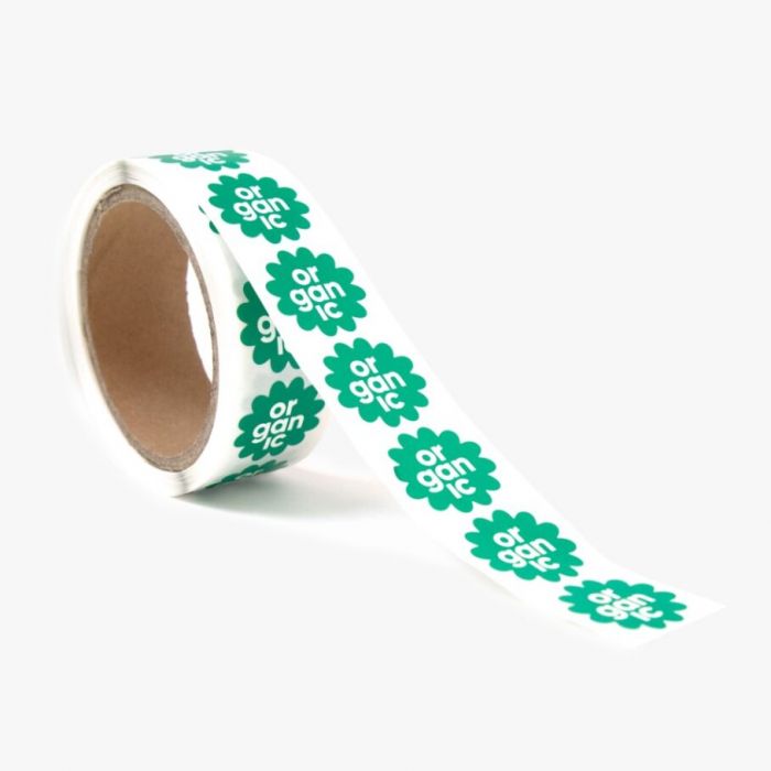 Aufkleber auf Rolle mit grünem Logo, individuell gestaltbar, ideal als Werbeartikel bei Signalshop.de.