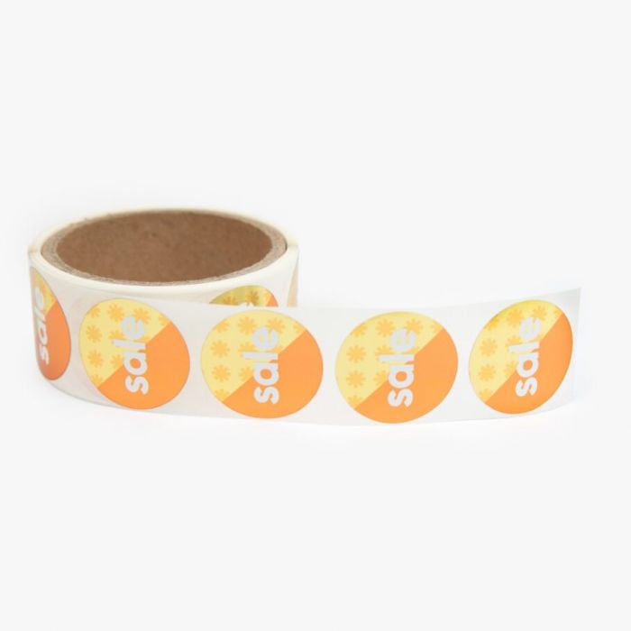 Rolle mit Aufklebern, orange-weiß mit "sale"-Text, individualisierbar bei Signalshop.de, Werbeartikel.