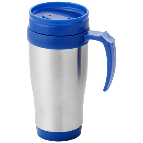 Sanibel 400 ml Isolierbecher aus Edelstahl mit blauem Deckel und Griff, individuell bedruckbar bei Signalshop.de, Werbeartikel.