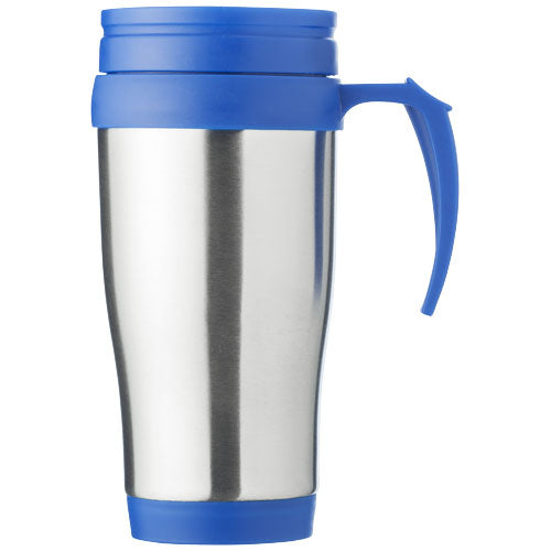 Silberner Sanibel 400 ml Isolierbecher mit blauem Deckel und Griff, individuell bedruckbar, Signalshop.de Werbeartikel.