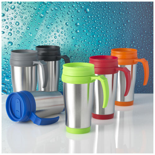 Sanibel 400 ml Isolierbecher aus Edelstahl mit bunten Deckeln, individuell mit Logo gestaltbar bei Signalshop.de. Werbeartikel, Werbegeschenke, Werbemittel, Giveaway.