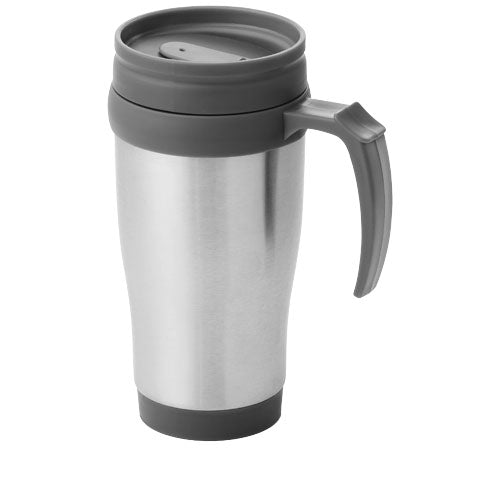 Silberner Sanibel 400 ml Isolierbecher aus Edelstahl mit grauem Deckel, individuell bedruckbar bei Signalshop.de, Werbeartikel, Werbegeschenke, Werbemittel, Giveaway.