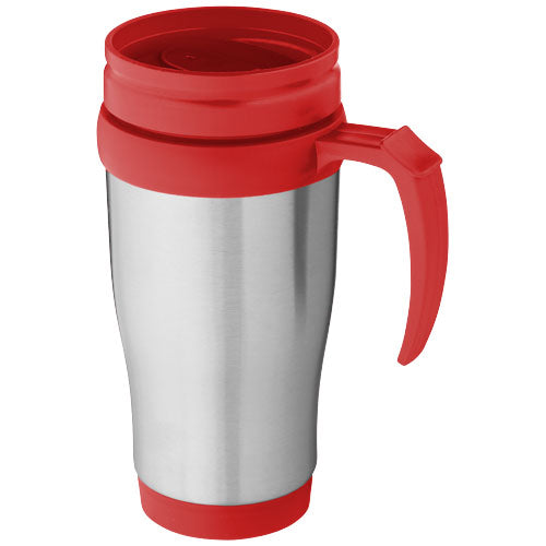 Sanibel 400 ml Isolierbecher aus Edelstahl mit rotem Deckel, individuell bedruckbar bei Signalshop.de, ideal als Werbeartikel.
