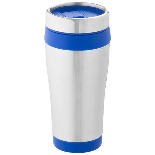 Silberner Elwood 410 ml Isolierbecher mit blauem Deckel, individuell mit Logo bedruckbar bei Signalshop.de, Werbeartikel, Werbegeschenke.