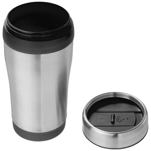 Elwood 410 ml Isolierbecher aus Edelstahl, silber mit schwarzem Deckel, individuell bedruckbar bei Signalshop.de, Werbeartikel, Werbegeschenke, Werbemittel, Giveaway.