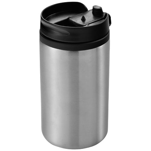 Silberner Mojave 250 ml Isolierbecher aus Edelstahl mit schwarzem Deckel, individuell bedruckbar, Signalshop.de Werbeartikel.
