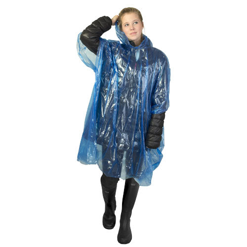 Blauer Ziva Einweg-Regenponcho von Signalshop.de, individuell bedruckbar, ideal als Werbeartikel oder Giveaway.