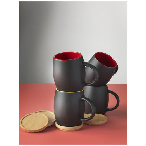 Hearth 400 ml Keramiktasse mit Holz Untersetzer, individuell gestaltbar, von Signalshop.de, Werbeartikel.