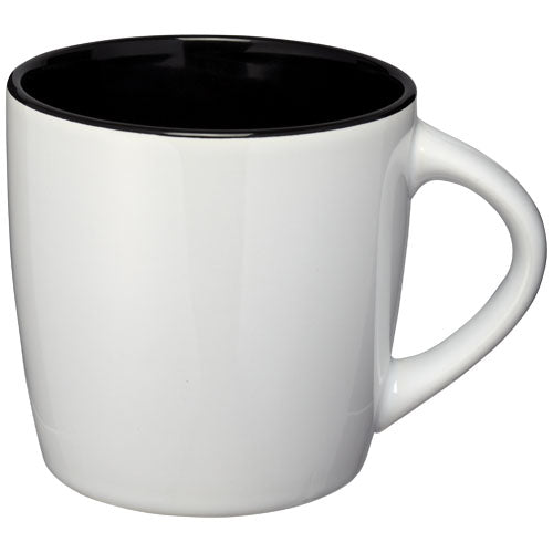 Weiße Aztec 340 ml Keramiktasse, innen schwarz, individuell mit Logo bedruckbar, Signalshop.de Werbeartikel.