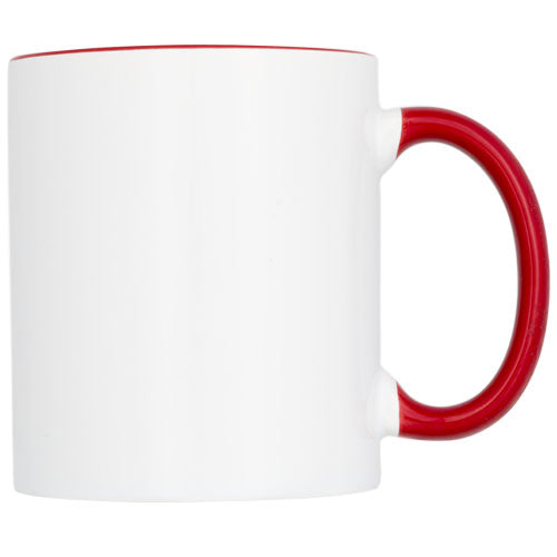 Weiße Pix 330 ml Keramik-Tasse mit rotem Henkel und Rand, individuell bedruckbar, Signalshop.de Werbeartikel.