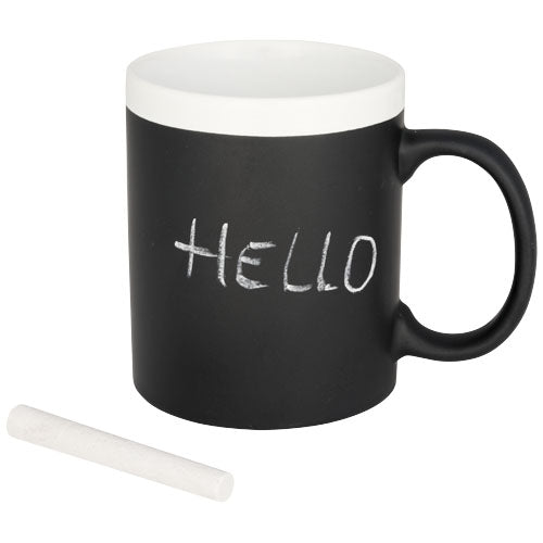 Schwarze Chalk-write 330 ml Keramiktasse mit Kreide, individualisierbar, erhältlich bei Signalshop.de für Werbeartikel und Giveaways.