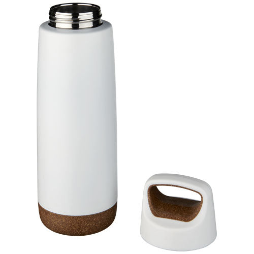 Weiße 600ml Kupfer-Vakuum Isolierflasche mit Korkboden von Signalshop.de, individuell bedruckbar, Werbeartikel.