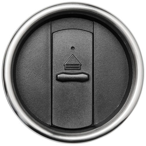 Bambus 450 ml Becher mit Deckel aus schwarzem Kunststoff, individuell mit Logo gestaltbar, Signalshop.de Werbeartikel.
