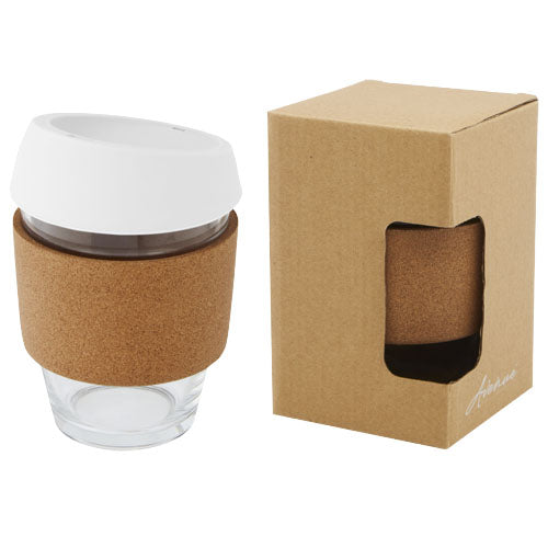 Lidan 360 ml Borosilikatglas Becher mit Korkgriff und Silikondeckel, individuell bedruckbar, von Signalshop.de. Werbeartikel.