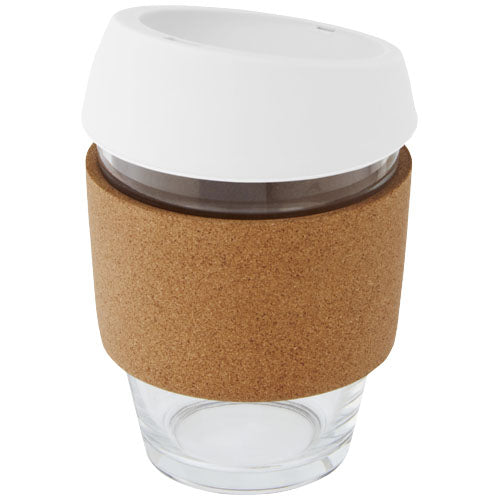Lidan 360 ml Becher aus Borosilikatglas mit Korkgriff und Silikondeckel, individuell gestaltbar, Signalshop.de Werbeartikel