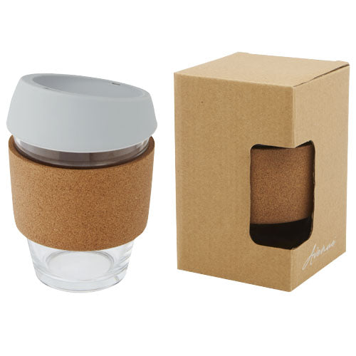 Lidan 360 ml Becher aus Borosilikatglas mit Korkgriff und Silikondeckel, individuell bedruckbar, Signalshop.de Werbeartikel