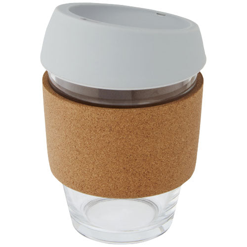 Lidan 360 ml Borosilikatglasbecher mit Korkgriff und Silikondeckel, individuell gestaltbar, Signalshop.de Werbeartikel