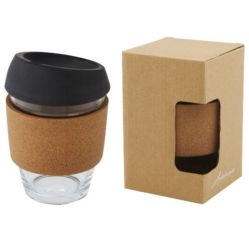 Lidan 360 ml Becher aus Borosilikatglas mit Korkgriff, Silikondeckel, individuell bedruckbar, Signalshop.de Werbeartikel