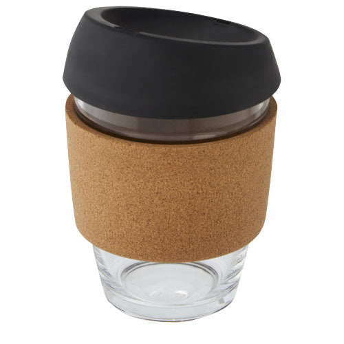 Lidan 360 ml Borosilikatglasbecher mit Korkgriff und Silikondeckel, individuell bedruckbar, Signalshop.de Werbeartikel