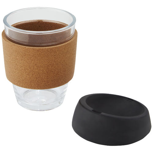 Lidan 360 ml Borosilikatglasbecher mit Korkgriff und Silikondeckel, individuell gestaltbar, Signalshop.de Werbeartikel