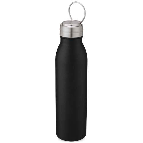 Schwarze Edelstahl-Sportflasche Harper 700 ml mit Metallschlaufe, individuell gestaltbar, Signalshop.de Werbeartikel.