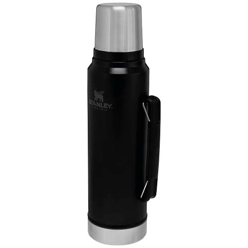 Schwarze Stanley 1000 ml Isolierflasche aus Edelstahl mit Logo, individuell gestaltbar, bei Signalshop.de.