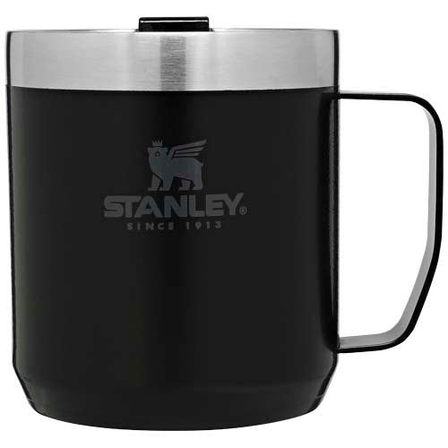 Schwarzer Stanley 350 ml Thermobecher mit Edelstahlrand, individuell bedruckbar, ideal für Camping, Signalshop.de Werbeartikel.