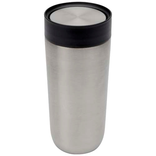 Silberner Camden 350 ml Edelstahlbecher mit schwarzem Deckel, recycelt und mit Logo bedruckbar, Signalshop.de Werbeartikel.