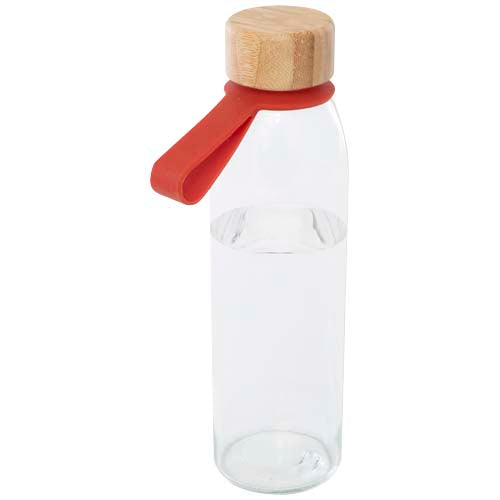 Porto Glas-Trinkflasche 500 ml mit Bambusdeckel und rotem Silikongriff von Signalshop.de, ideal als Werbeartikel.
