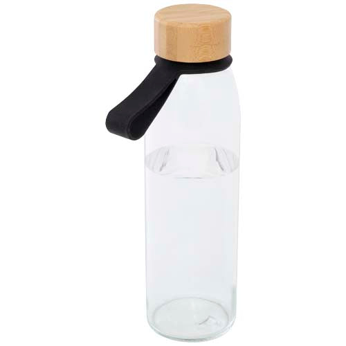 Glas-Trinkflasche mit Bambusdeckel und Silikongriff, individuell bedruckbar, erhältlich bei Signalshop.de. Werbeartikel.