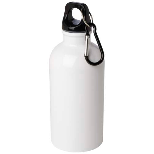 Weiße Edelstahl-Trinkflasche mit Karabiner, individuell bedruckbar, Signalshop.de Werbeartikel-Giveaway.