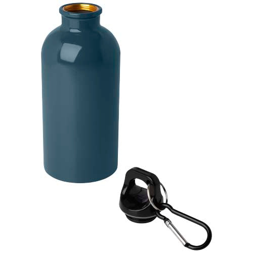 Blaue 400 ml Trinkflasche aus recyceltem Edelstahl mit Karabinerhaken, individuell bedruckbar. Signalshop.de Werbeartikel, Werbegeschenke, Werbemittel, Giveaway.