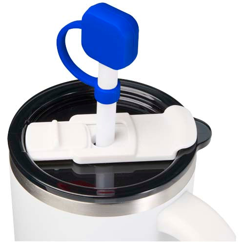 Blaue Silikon-Trinkhalmabdeckung von Signalshop.de auf Becher, individuell gestaltbar, Werbeartikel, Werbegeschenke.